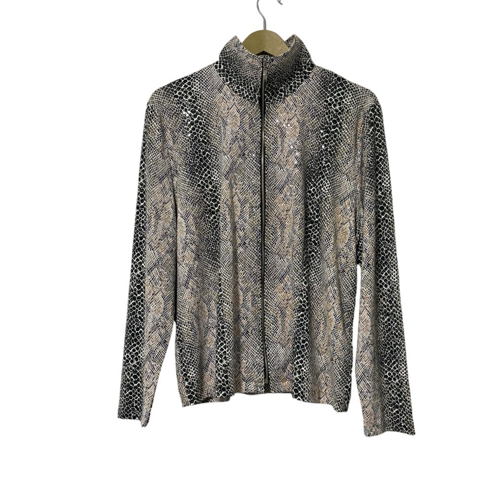 Misook Snake Print Full Zip Jacket Size Large Mock Neck Classic Modest Business